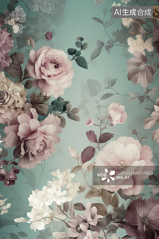 【AI数字艺术】复古水彩风格鲜花图案背景图片素材