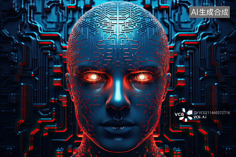 【AI数字艺术】人类与机械工业电子线路组合概念图片素材