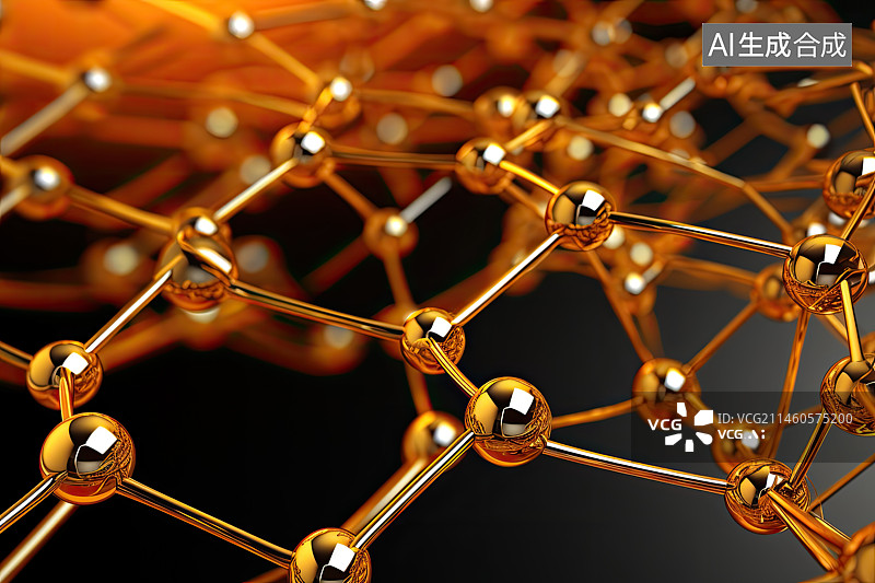 【AI数字艺术】金色化学分子网状结构渲染图片素材
