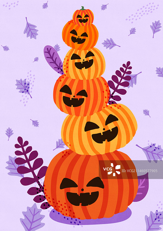 插画万圣节快乐的南瓜和落叶图片素材