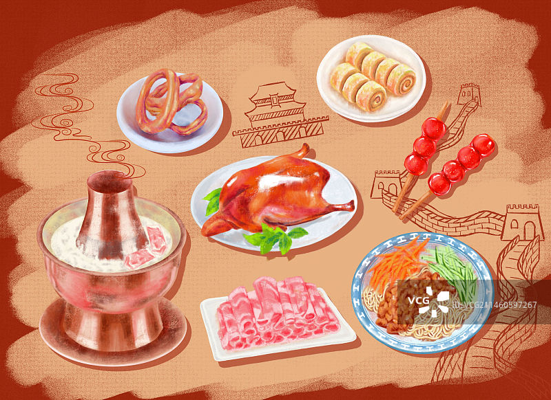 中华美食手绘北京特色美食插画图片素材