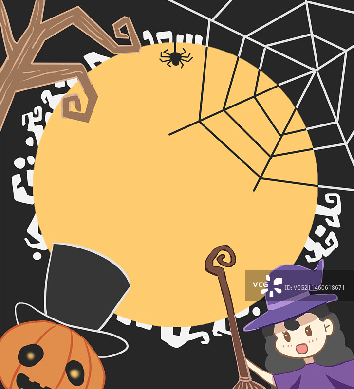 以万圣节为主题，相关元素环绕的背景图，画面圆形中间可添加相关主题文字内容图片素材