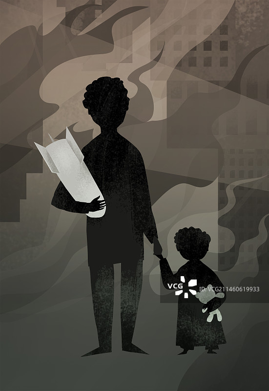 反战题材插画怀抱炸弹的男人牵着抱着玩具的孩子站在废墟前图片素材
