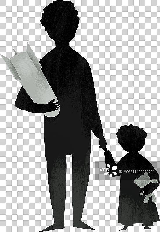 怀抱炸弹的男人牵着抱着玩具熊的孩子人物剪影元素图片素材