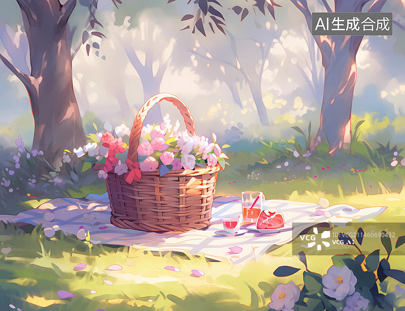【AI数字艺术】野餐篮铺在地上插画图片素材