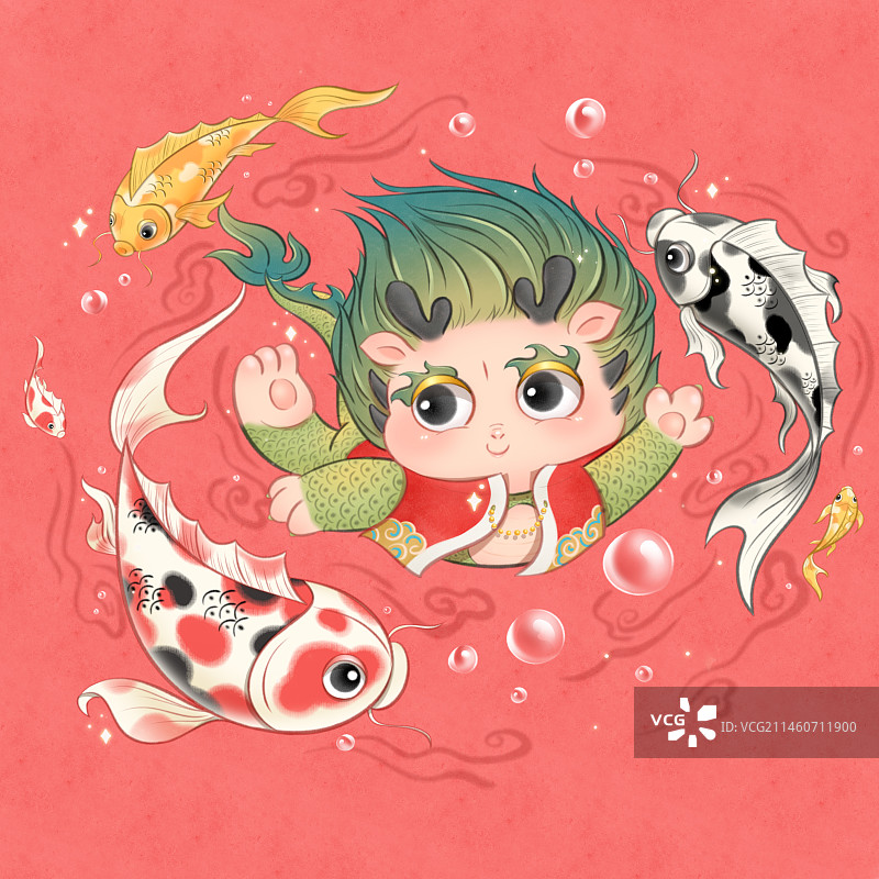 一只可爱的小青龙在水中游泳，一条条锦鲤围绕在周围图片素材