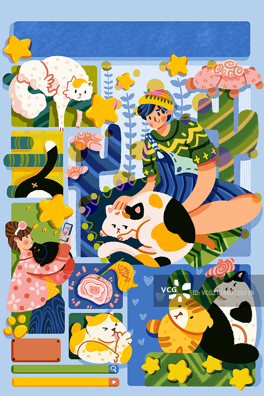 毛边扁平风格插画之猫猫俱乐部图片素材