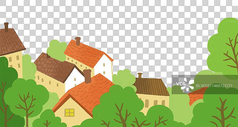 乡村 自然 树木 房子 美景 卡通 手绘图片素材