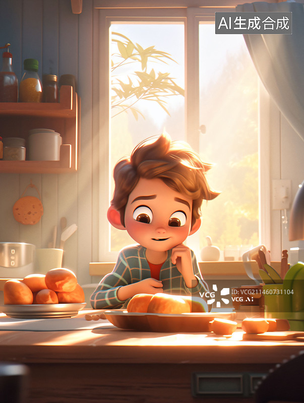 【AI数字艺术】可爱的小男孩在厨房里用面包做早餐图片素材