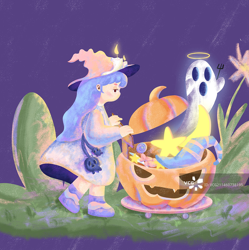 万圣节小魔女推着南瓜车图片素材
