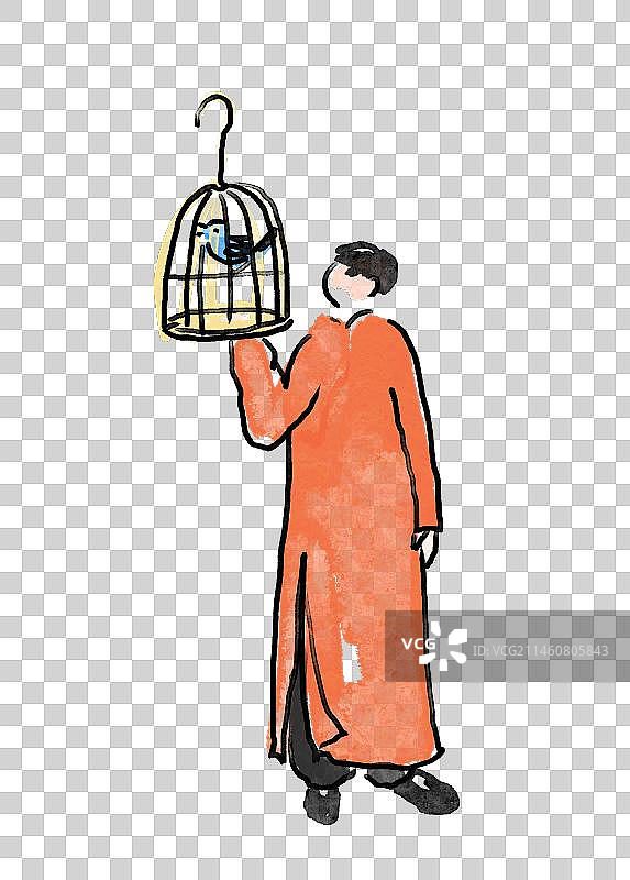 遛鸟民国人物插画设计图画书元素高雅中国画图片素材