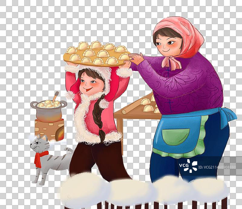 元素免抠煮饺子母亲女儿孩子冬至冬天下雪猫图片素材