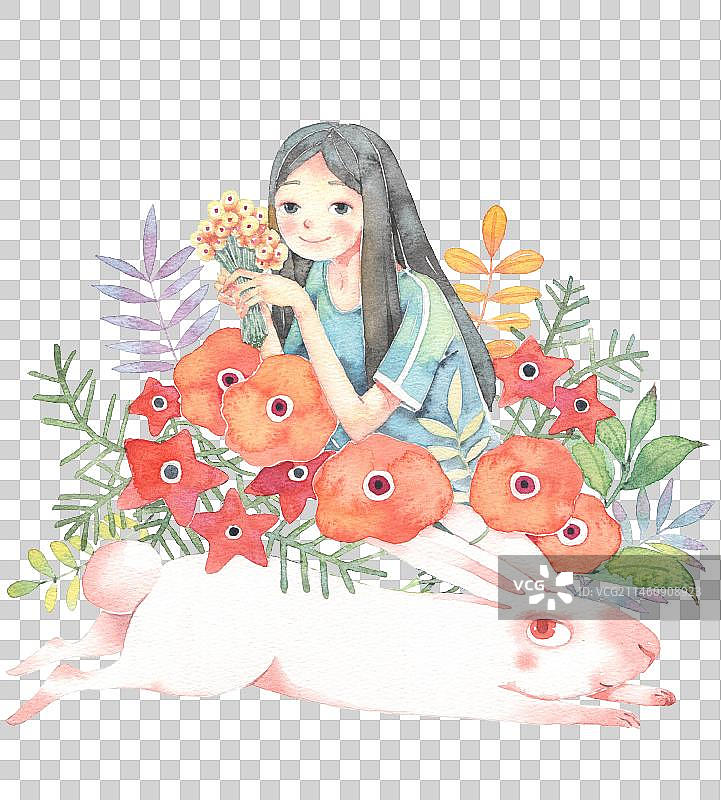 水彩插画 免抠图形元素 漂亮的女孩和白兔图片素材