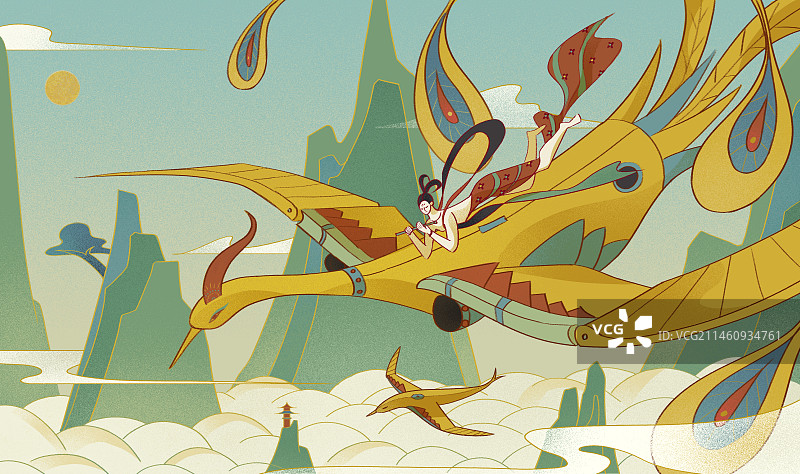 骑着凤凰的仙女飞翔在天空图片素材