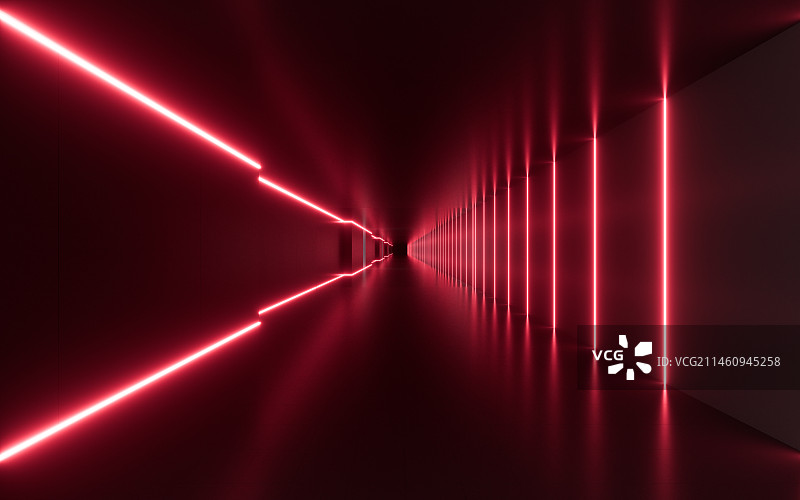红色霓虹室内建筑背景3D渲染图片素材