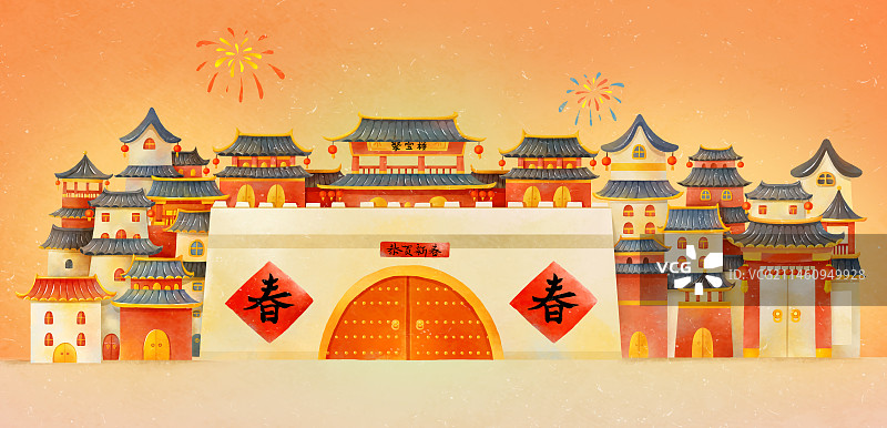 春节年俗插画城市天际线古建筑图片素材
