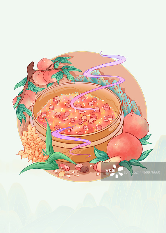 宋韵美学·宋朝美食《蟠桃饭》手绘插画图片素材