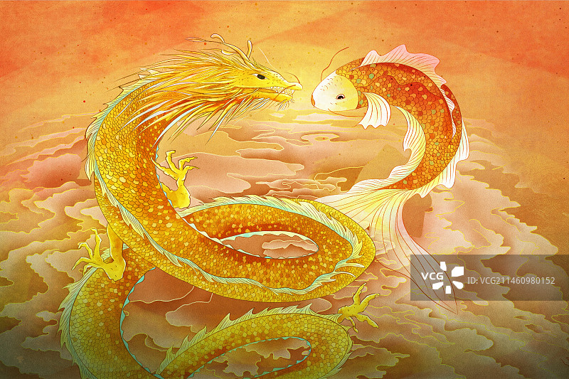 2024龙年新年国潮风插画 鱼升龙门 春回大地龙抬头插画图片素材
