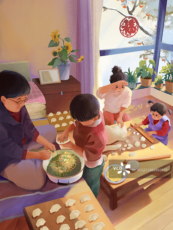 冬至一家人包饺子图片素材