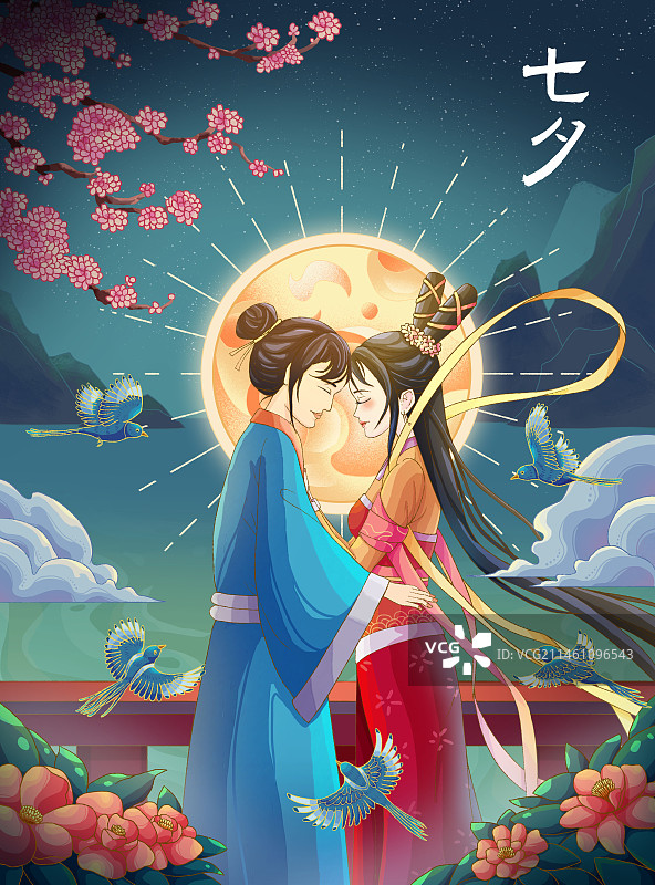 七夕情侣夜晚唯美插画海报图片素材