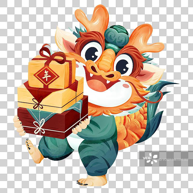 龙年可爱卡通形象抱着礼物买年货图片素材