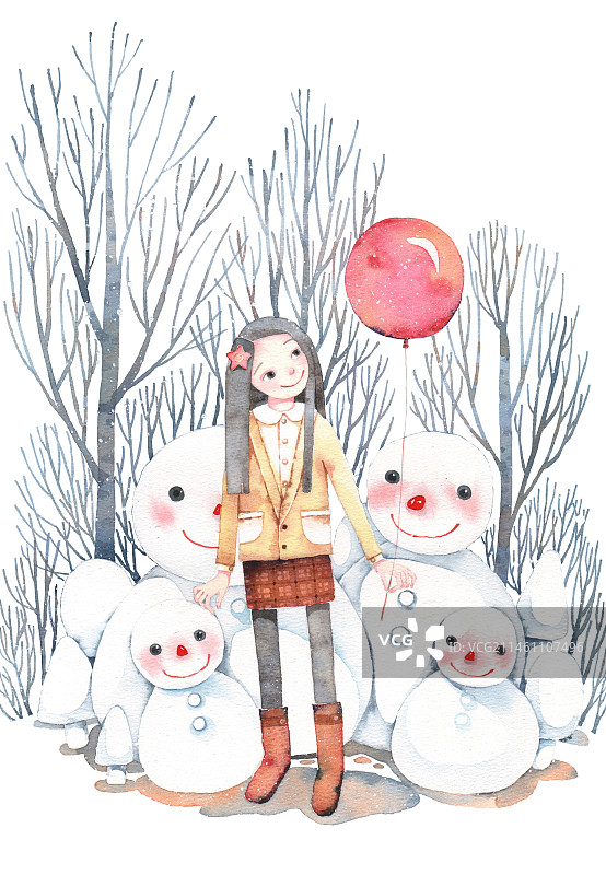 水彩人物画得真美  冬季温馨插画壁纸女孩和雪人图片素材