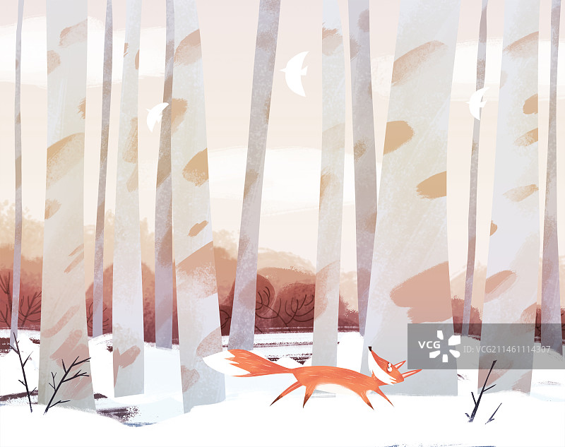 冬天森林里在雪地上奔跑回头看天上飞鸟的狐狸儿童插画图片素材