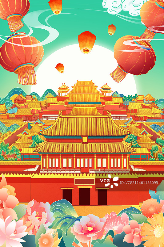 国潮风北京紫禁城故宫博物馆宫殿建筑插画 春节年画图片素材