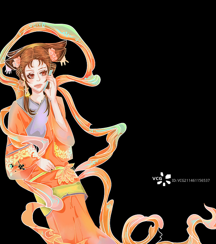 国潮插画之拿荷花美女图片素材