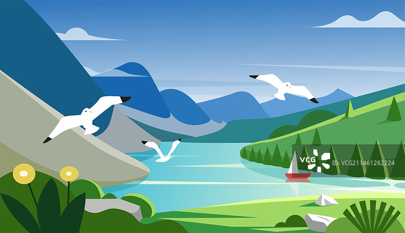 湖泊风光插画图片素材