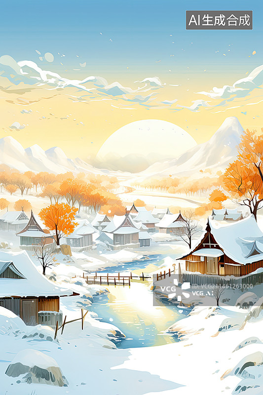【AI数字艺术】冬日雪景中的乡间小屋图片素材