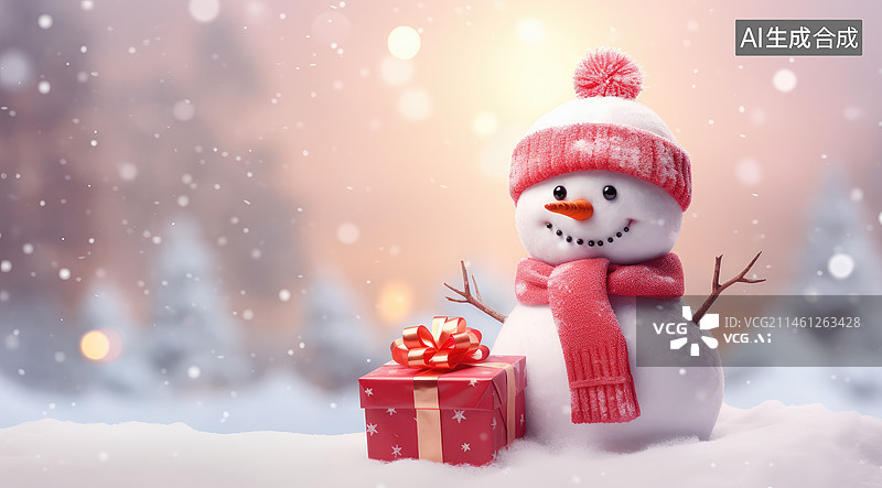 【AI数字艺术】雪地里的圣诞小雪人与礼物图片素材