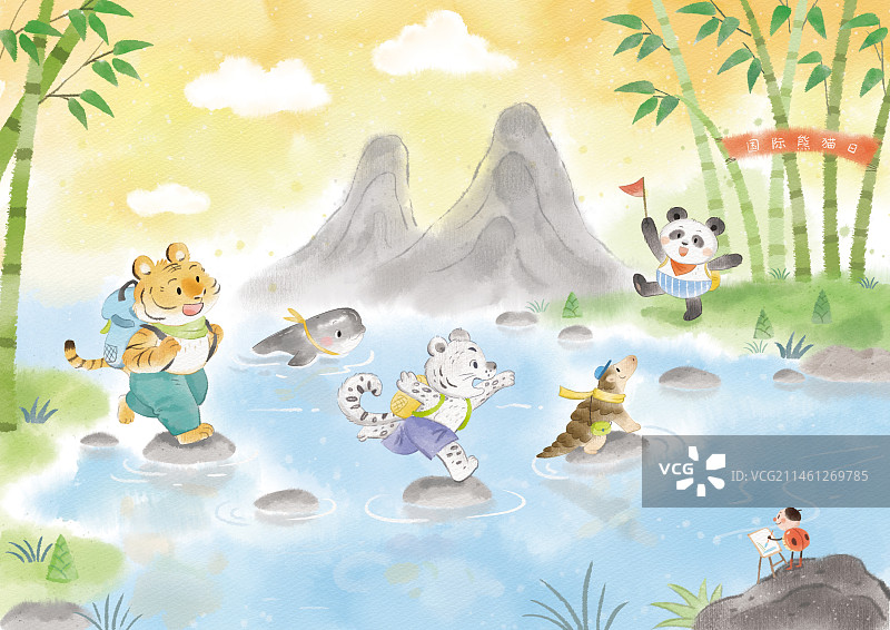 《大熊猫和小伙伴们——2023国际熊猫日》公益插画图片素材