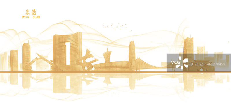 手绘东莞金色建筑插画背景图片素材