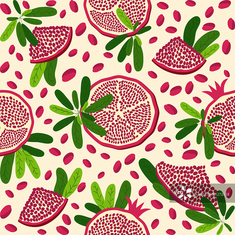 明亮树叶石榴果实无缝图案图片素材