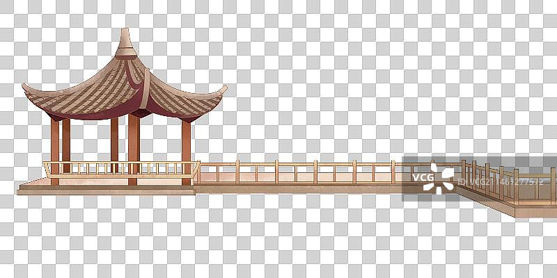 国潮中国风古建筑插画凉亭和桥图片素材