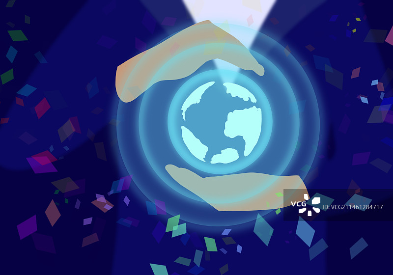 双手环绕着发光的地球图片素材