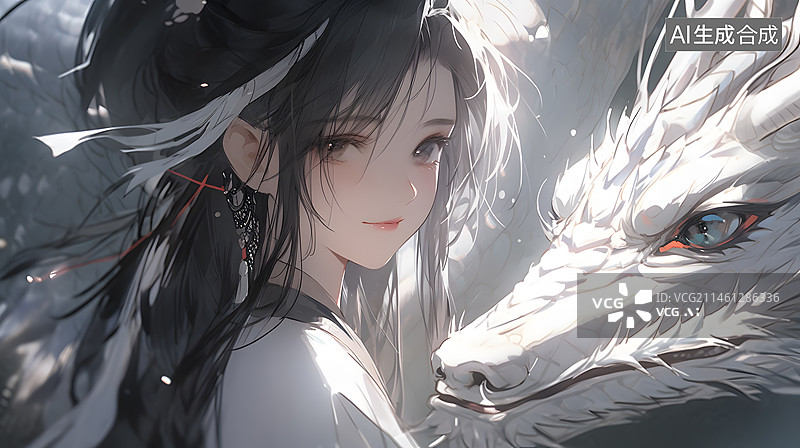 【AI数字艺术】白龙少女插画图片素材