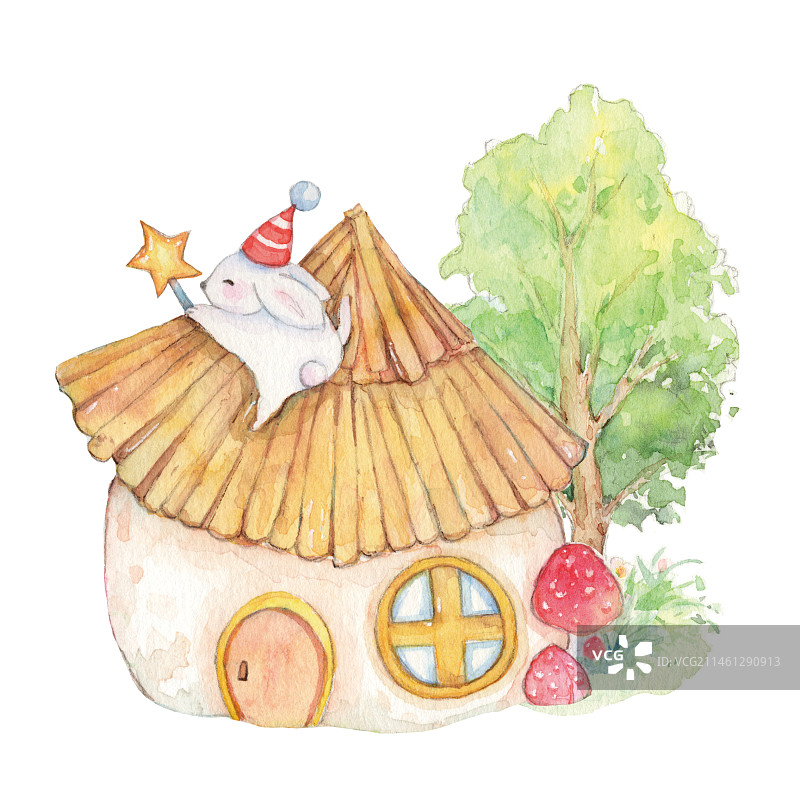 水彩手绘清新可爱的小兔子和尖顶童话故事里的小房子图片素材