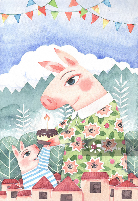 超爱的绝美水彩插画 猪年快乐 生日快乐图片素材