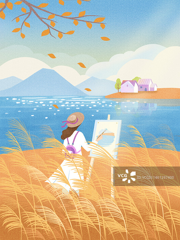 湖边写生的女孩图片素材