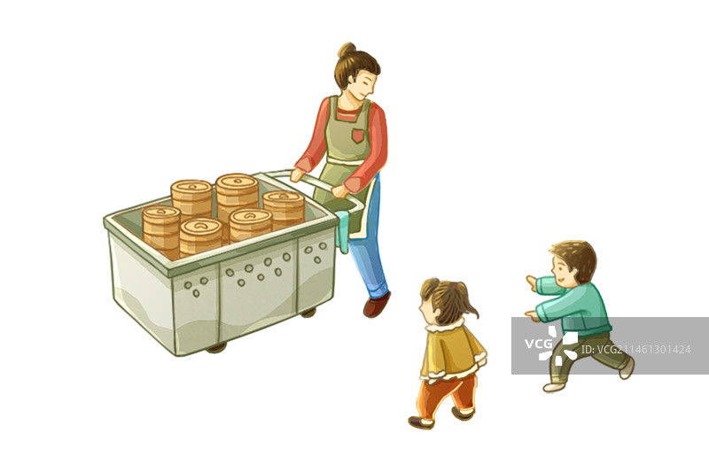一位服务员推着推车，小孩子围绕在旁边图片素材