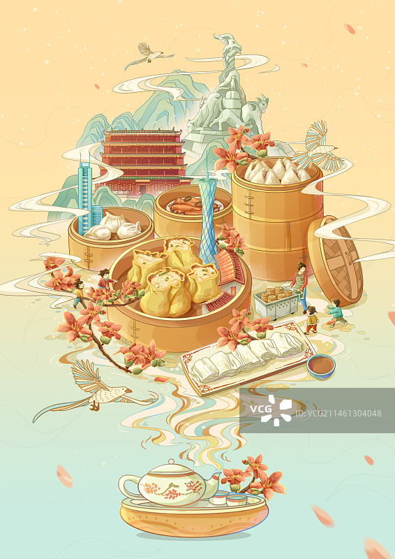 早茶美食旁有广州地标建筑图片素材