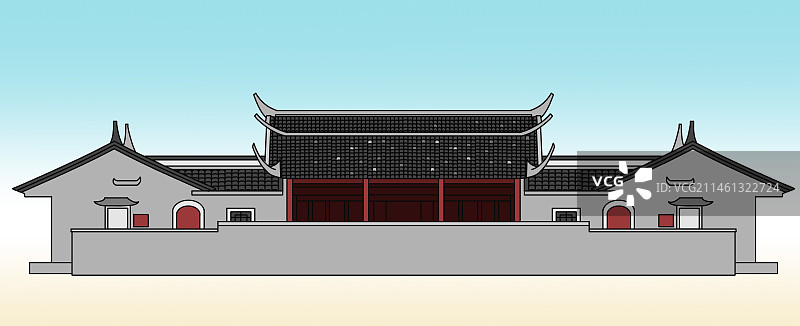中国风新中式古风古典古代福建省上杭县古田村落老房子古建筑插画图片素材