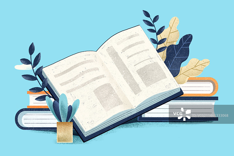绿植环绕书本场景插画图片素材