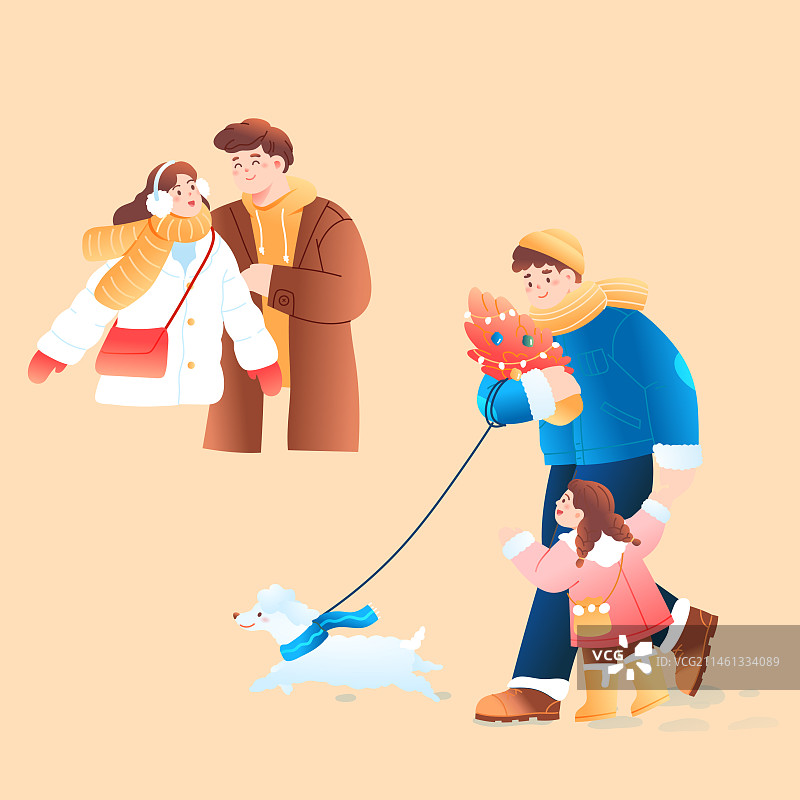 卡通冬季冬天户外学生朋友家人亲子出行城市交通圣诞节平安夜跨年活动电商优惠商城风景建筑旅游渐变矢量插画图片素材