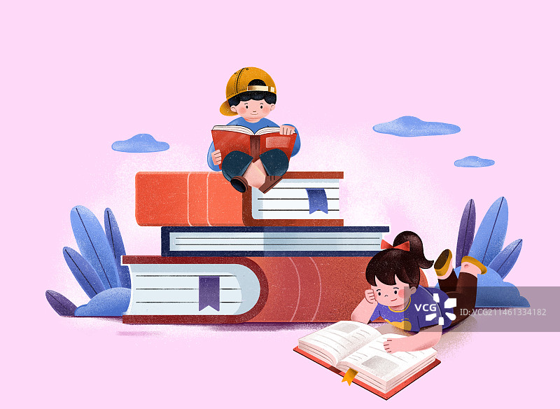 两个看书读书的小孩图片素材
