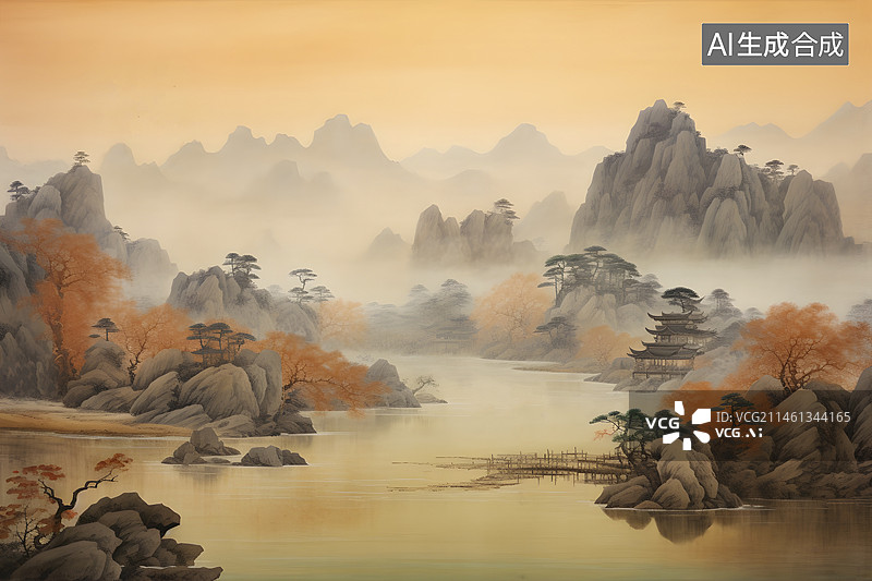 【AI数字艺术】宋代风格中国山水画设计图片素材