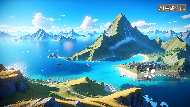 【AI数字艺术】岛屿，湖泊，场景，插画，配图图片素材