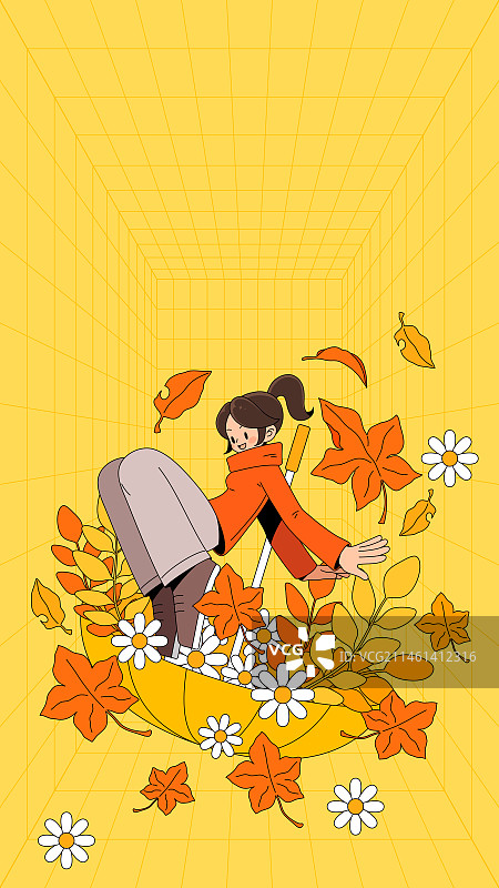 秋天矢量插画伞植物和女孩图片素材